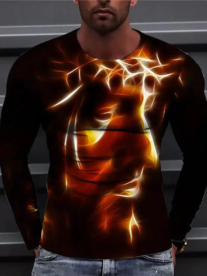 Men's long-sleeved T-shirt with fiery orange-white abstract graphic on black background.