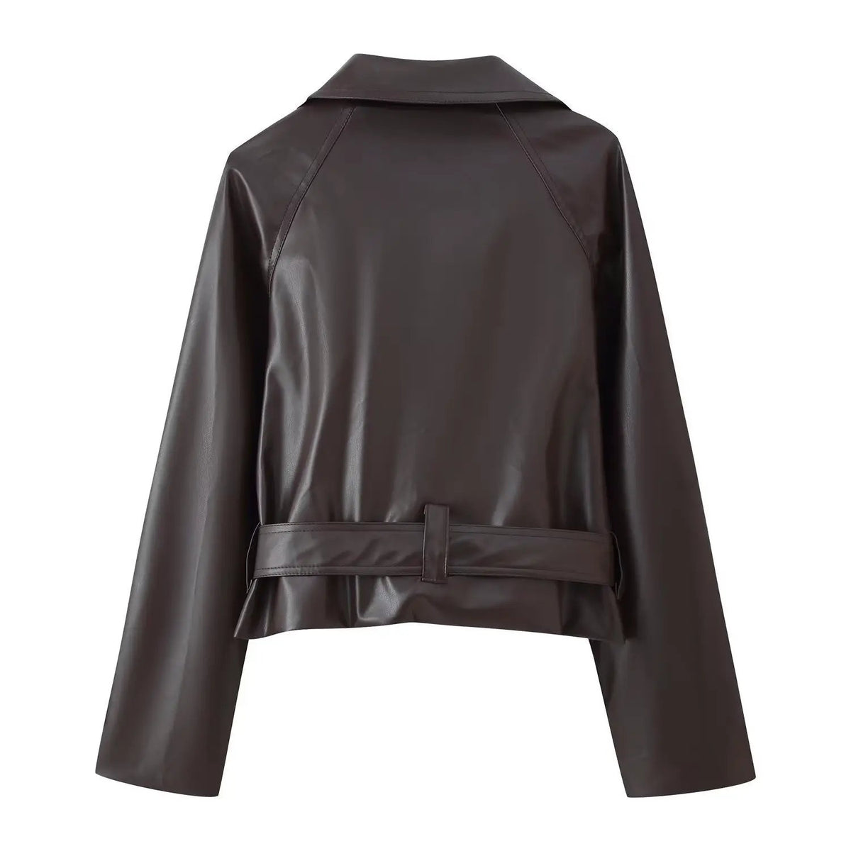AdTec leather coat, dark brown, belted at waist, back view