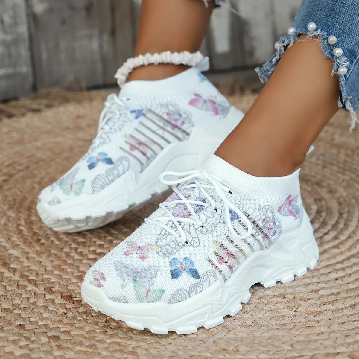 AdTec butterfly-print mesh sneakers for women, white with pastel butterfly pattern and chunky sole