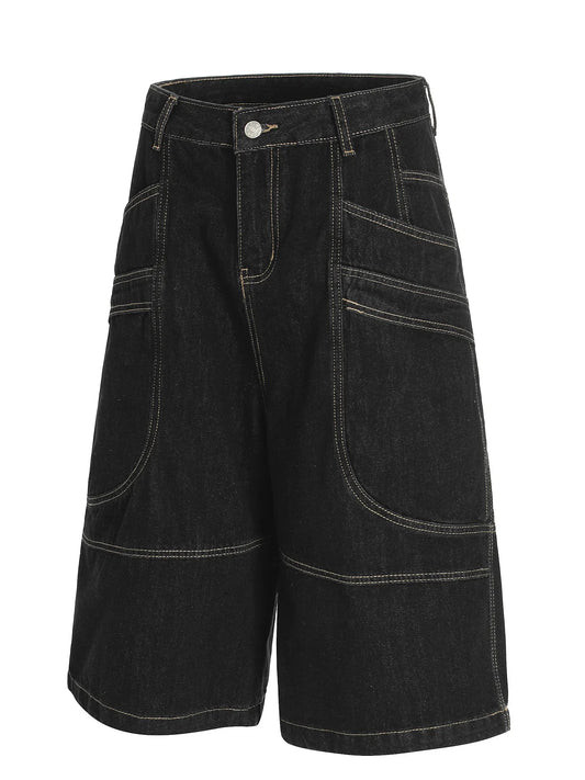 Mens wide-leg cotton denim shorts in black with contrast stitching and front pockets