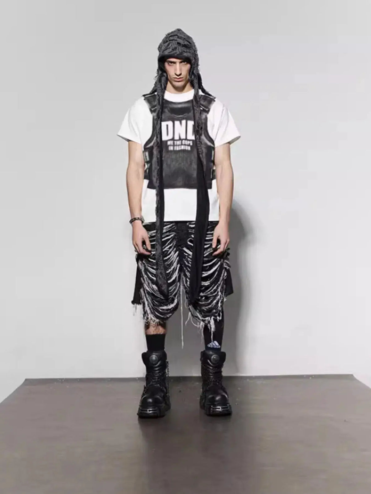 Mens denim shorts with frayed hem and stud detailing; black casual summer wear