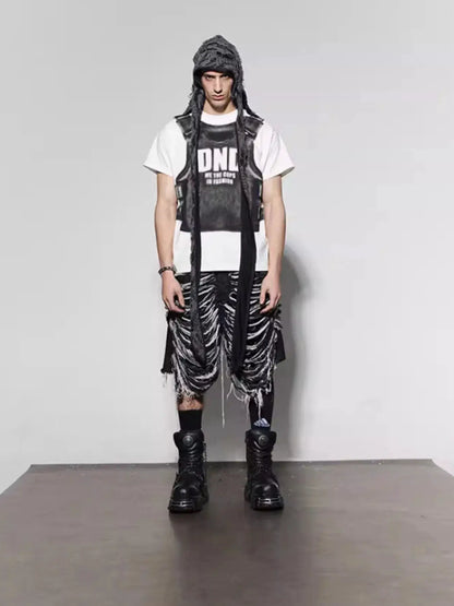 Mens denim shorts with frayed hem and stud detailing; black casual summer wear