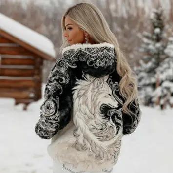 Womens flannel Christmas crew-neck long-sleeve top by AdTec; black-white paisley pattern with white wolf graphic.