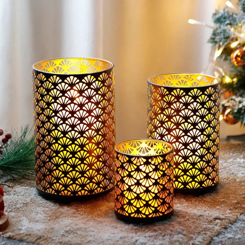 JHY DESIGN metal hurricane lanterns set of 3 with gold-tone perforated fan pattern and warm glow