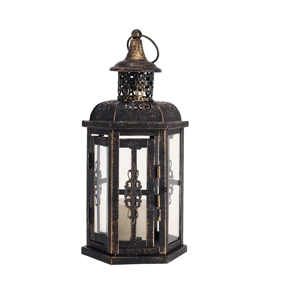 JHY DESIGN 10-inch high decorative candle lantern with distressed black metal and glass panels