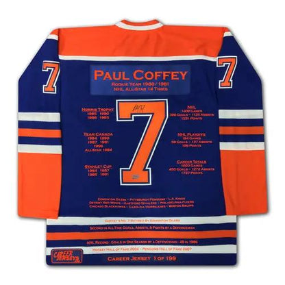 Autographed hockey jersey, blue and orange, limited edition 1 of 199 from PrimeCanada.Store