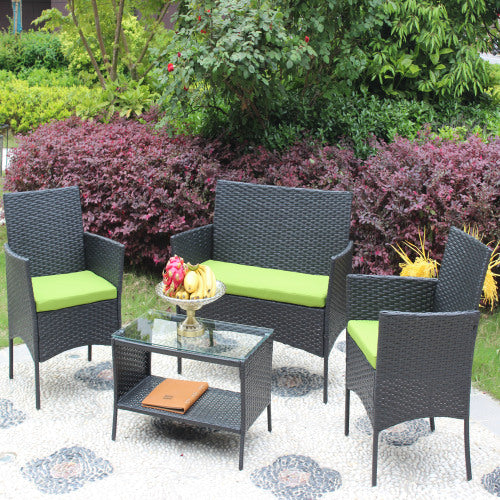 Ensemble de mobilier de patio en rotin 4 pièces, canapé d'extérieur rembourré en osier, coussin vert