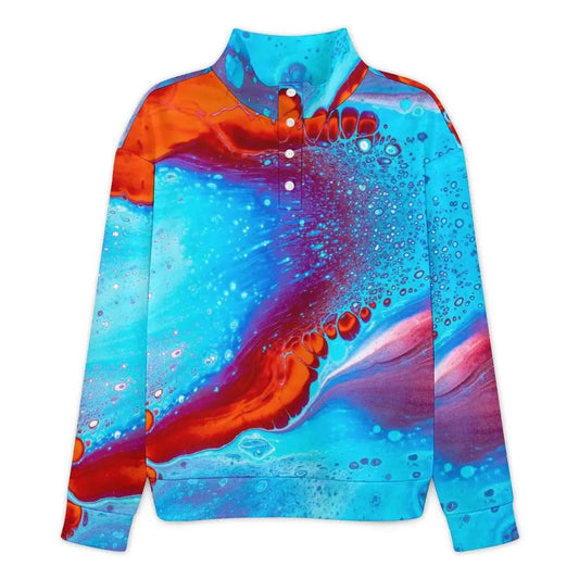 Men's stand-up collar long sleeve sweatshirt in blue and orange abstract print, soft touch fabric