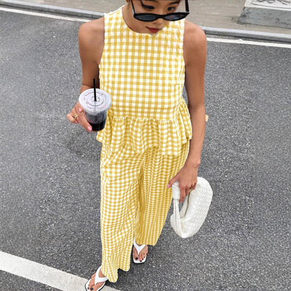 Conjunto de top sin mangas de cuello redondo con bajo de volantes y pantalón de pierna recta para mujer