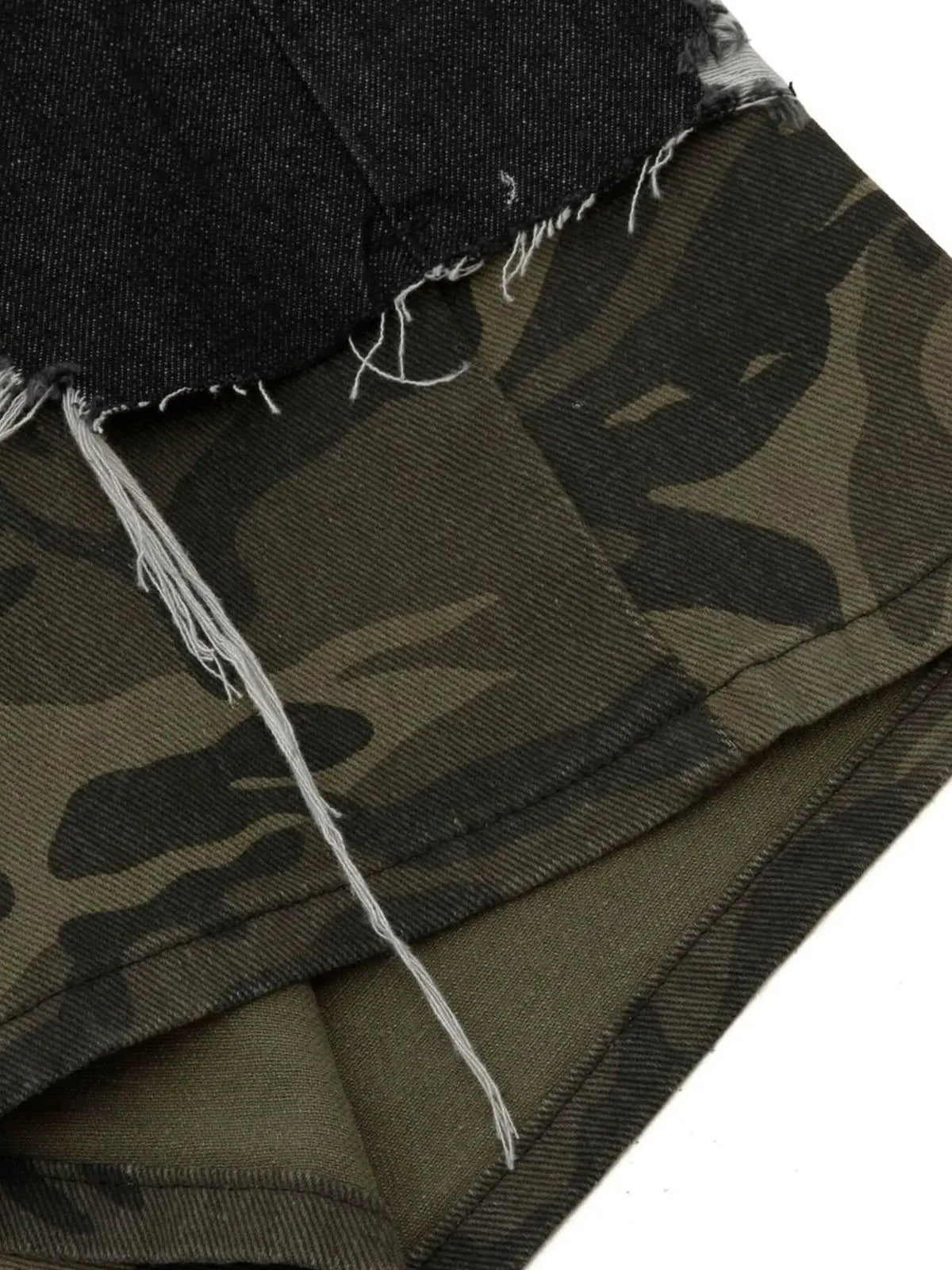 Mens distressed cotton denim Bermuda shorts with camo trim