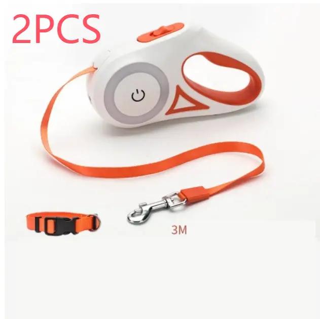 Dog retractable leash set with orange strap and white handheld unit; includes matching collar, 2 pieces