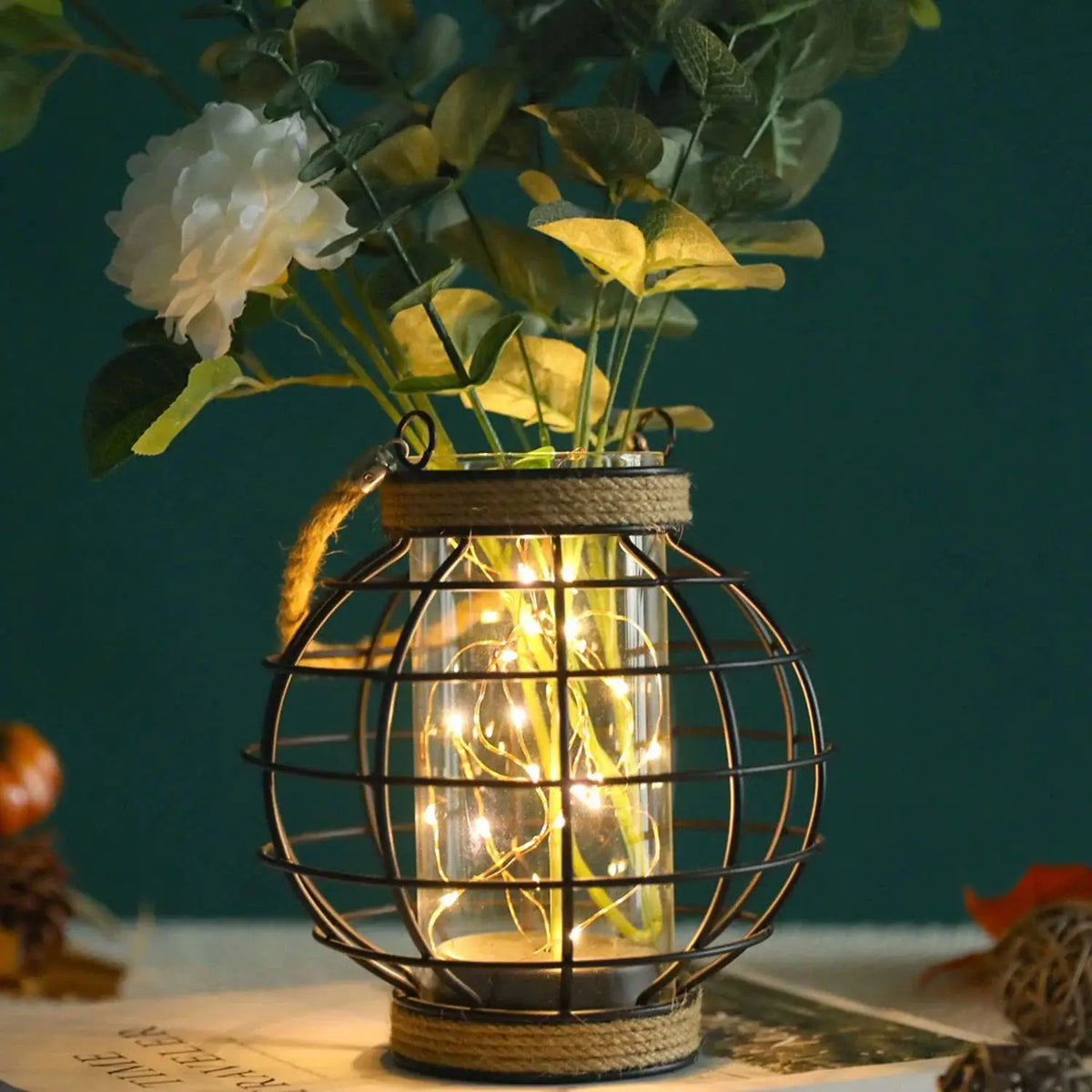 Table lamp 7.3-inch tall with hemp rope cage and warm fairy lights