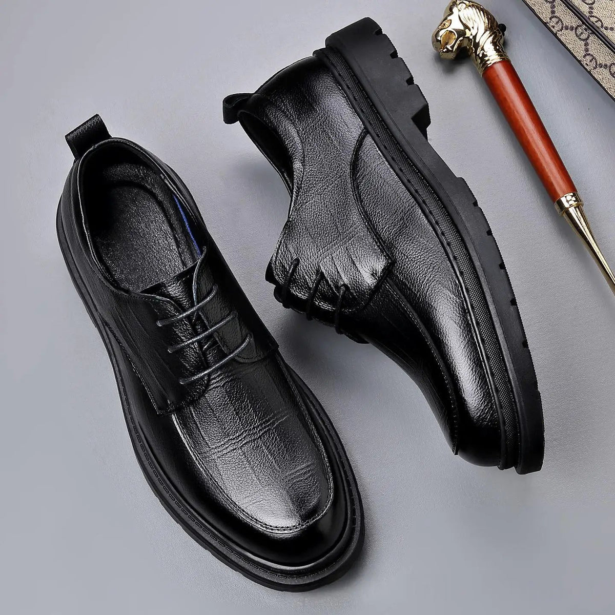 AdTec men's black leather business casual shoes with chunky lug sole.