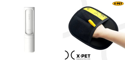 2-in-1 reusable pet hair remover by X-PET: white lint-roller device and black self-cleaning brush glove