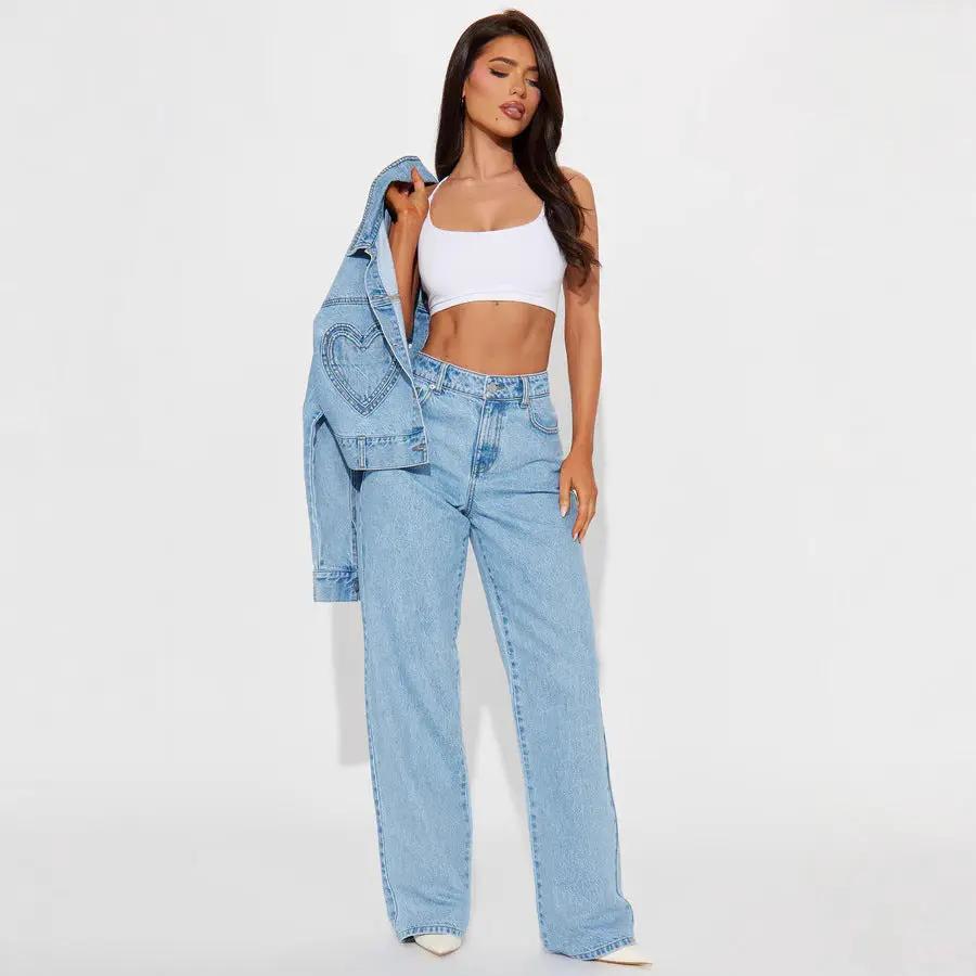 Straight Slimming Trousers Love Pocket High Waist Loose Jeans in light blue denim, AdTec