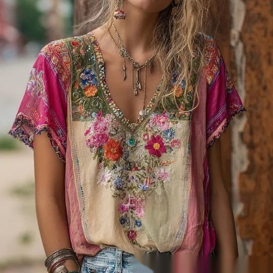 Top de mujer con cuello de pico, estampado 3D y manga corta, con un elegante estilo artístico y vintage