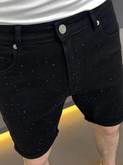Men's comfortable cotton-stretch denim shorts with pockets, black speckled fabric, Trendsi