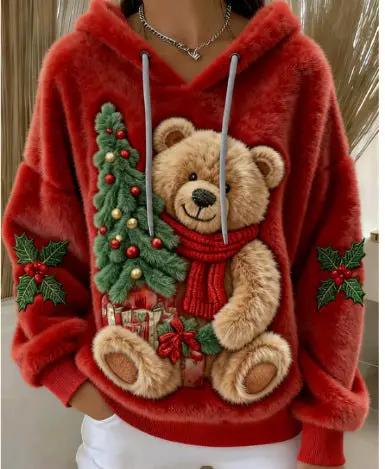 Womens Flannel Christmas Crew-Neck Long-Sleeve Top, red plush with teddy bear and Christmas tree graphic