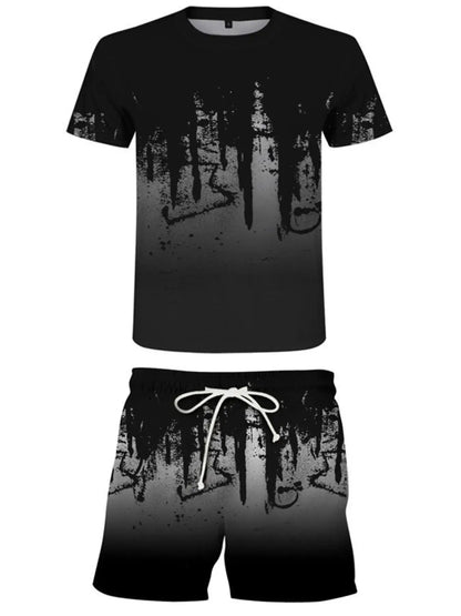 Mens two-piece printed tee and drawstring shorts set with stretch, black gradient print, Trendsi