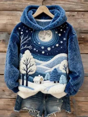 Womens Flannel Christmas Crew-Neck Long-Sleeve Top by AdTec, blue fuzzy fleece with moonlit snowy village print.