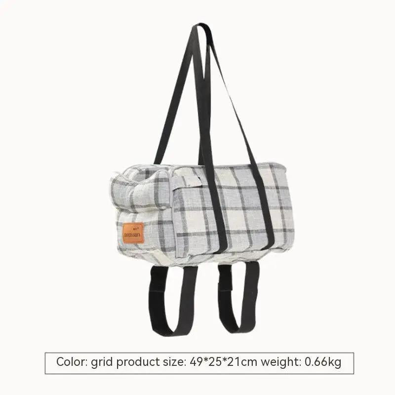 Pet travel bag for car by AdTec, breathable gray plaid fabric with adjustable black straps