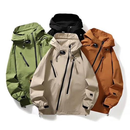 Mens workwear jackets set of four by AdTec in green, beige, black, and orange with hoods and zip pockets.