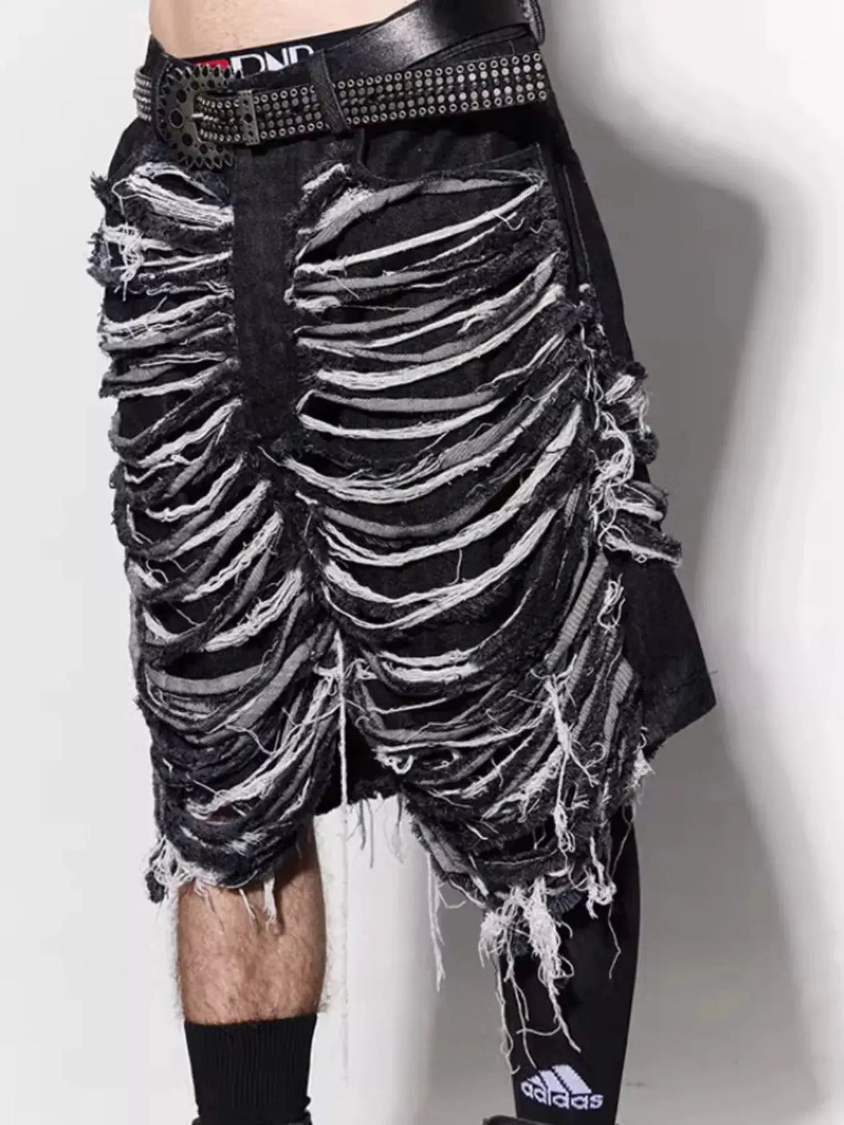 Mens frayed-hem black denim shorts with studded belt detail for casual summer wear