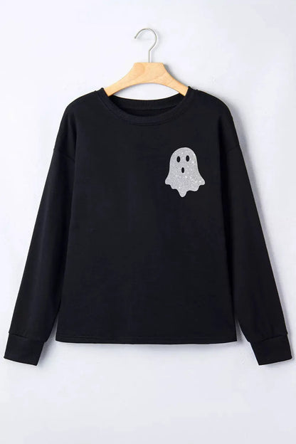 Trendsi black round-neck long-sleeve T-shirt with silver glitter ghost print