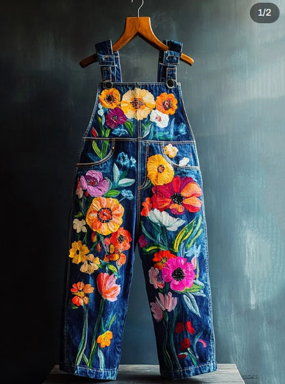 Mono vaquero con estampado floral de plantas y pintura al óleo
