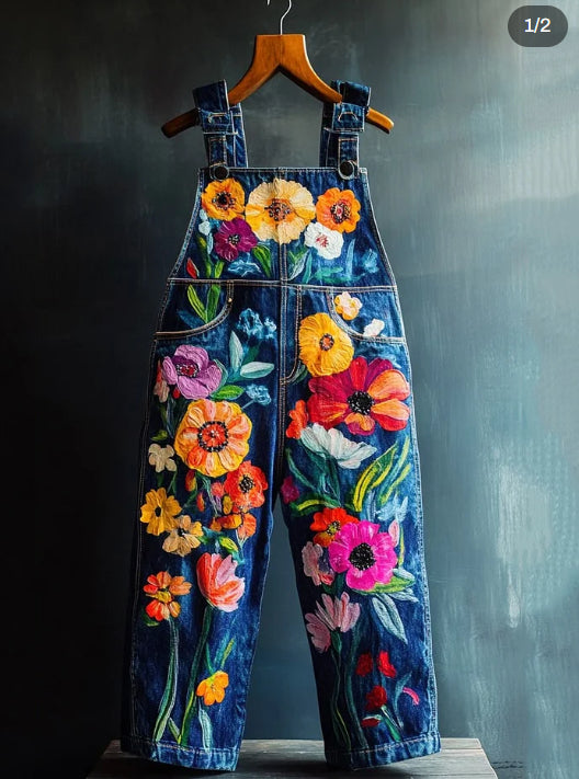 Mono vaquero con estampado floral de plantas y pintura al óleo