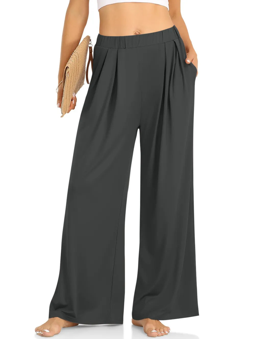 Elastic Waist Wide Leg Pants by Trendsi in dark gray; palazzo-style with elastic waistband.