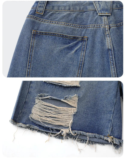 Mens oversized distressed denim shorts with stretch cotton pockets in blue denim, back pocket detail.