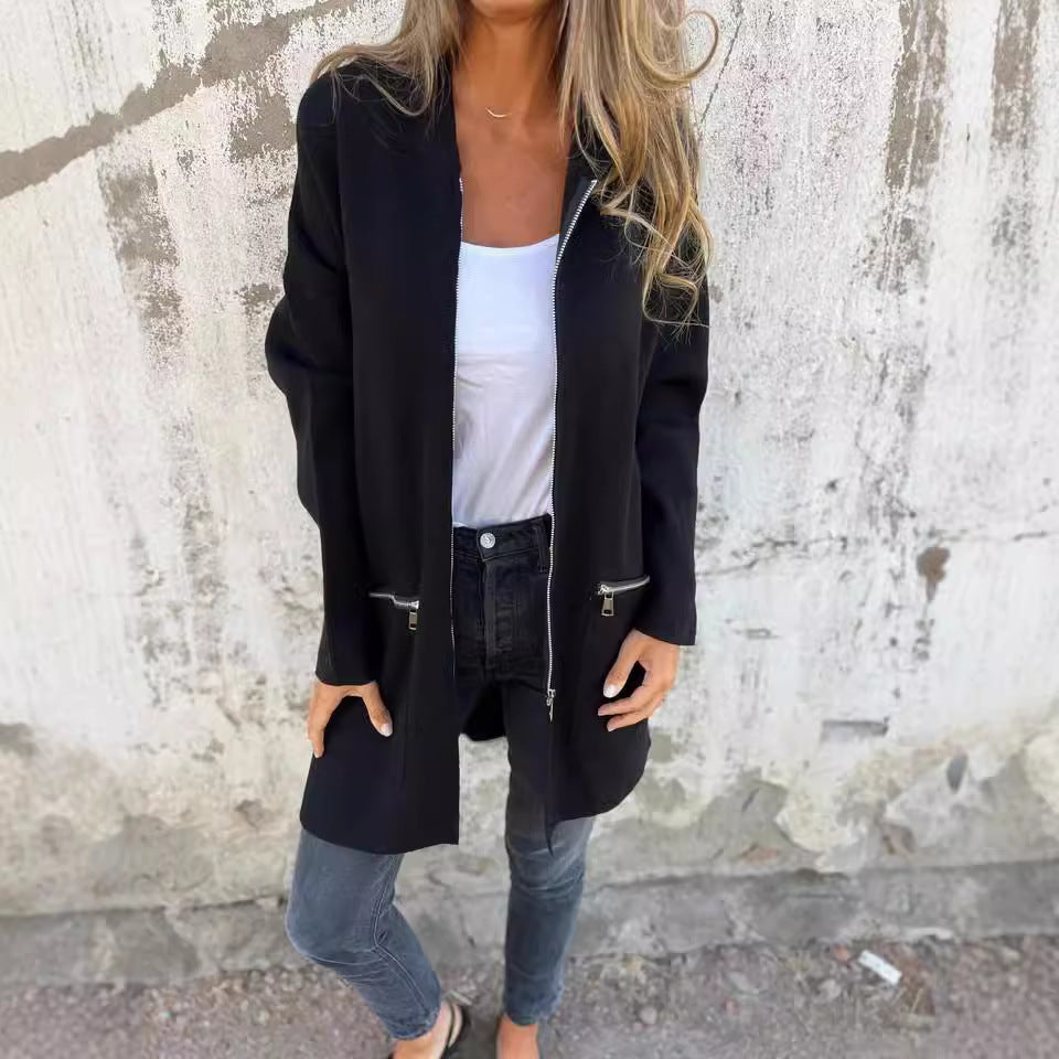 Zip-up Hooded Cardigan Coat Fashion Solid Color Pocket Jacket Fall And Winter Women's Coat Clothing