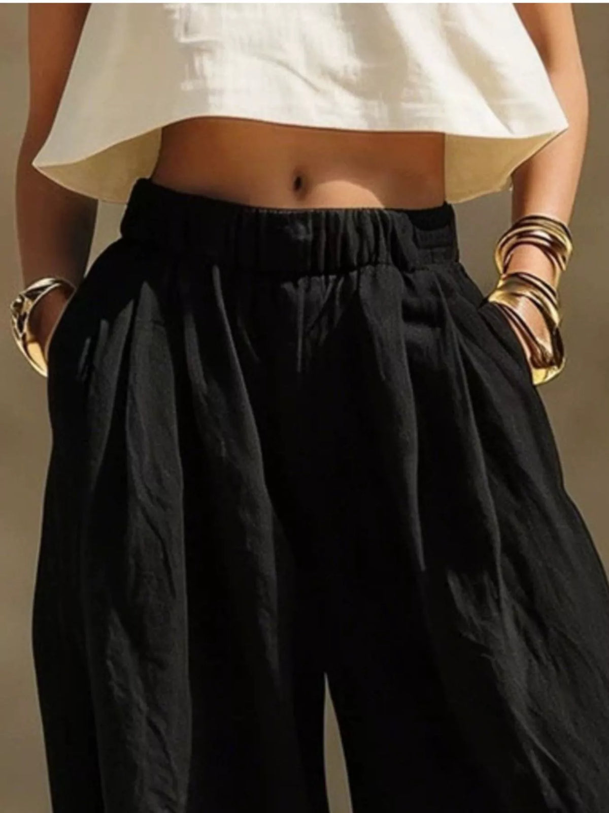 Full Size Elastic Waistband Wide Leg Palazzo Pants Plus Size black with drawstring and pockets