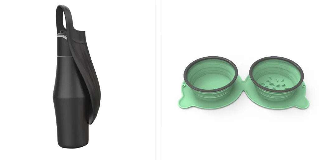 Portable AdTec black dog water bottle with strap and 2-piece green silicone leaf-design bowls travel set