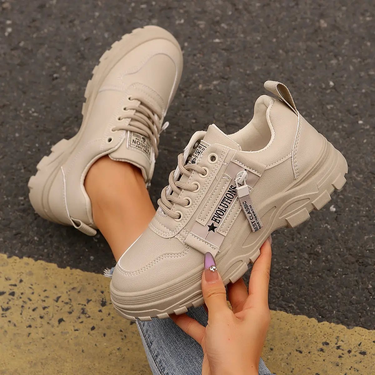 Lace-up women's sneakers by AdTec with side-zip design, beige thick-soled casual shoes