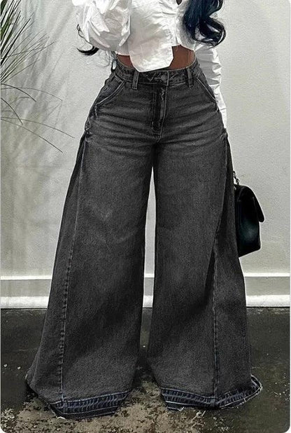 Loose Wide Leg Jeans Stitching Bell-bottom Pants Tassel Trousers by JeansDenim.Store