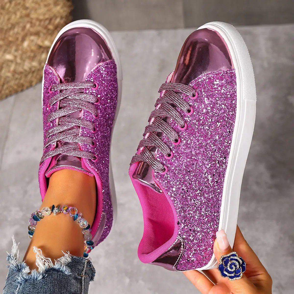 Plus size sequined lace-up board shoes in pink glitter with metallic toe caps and white sole