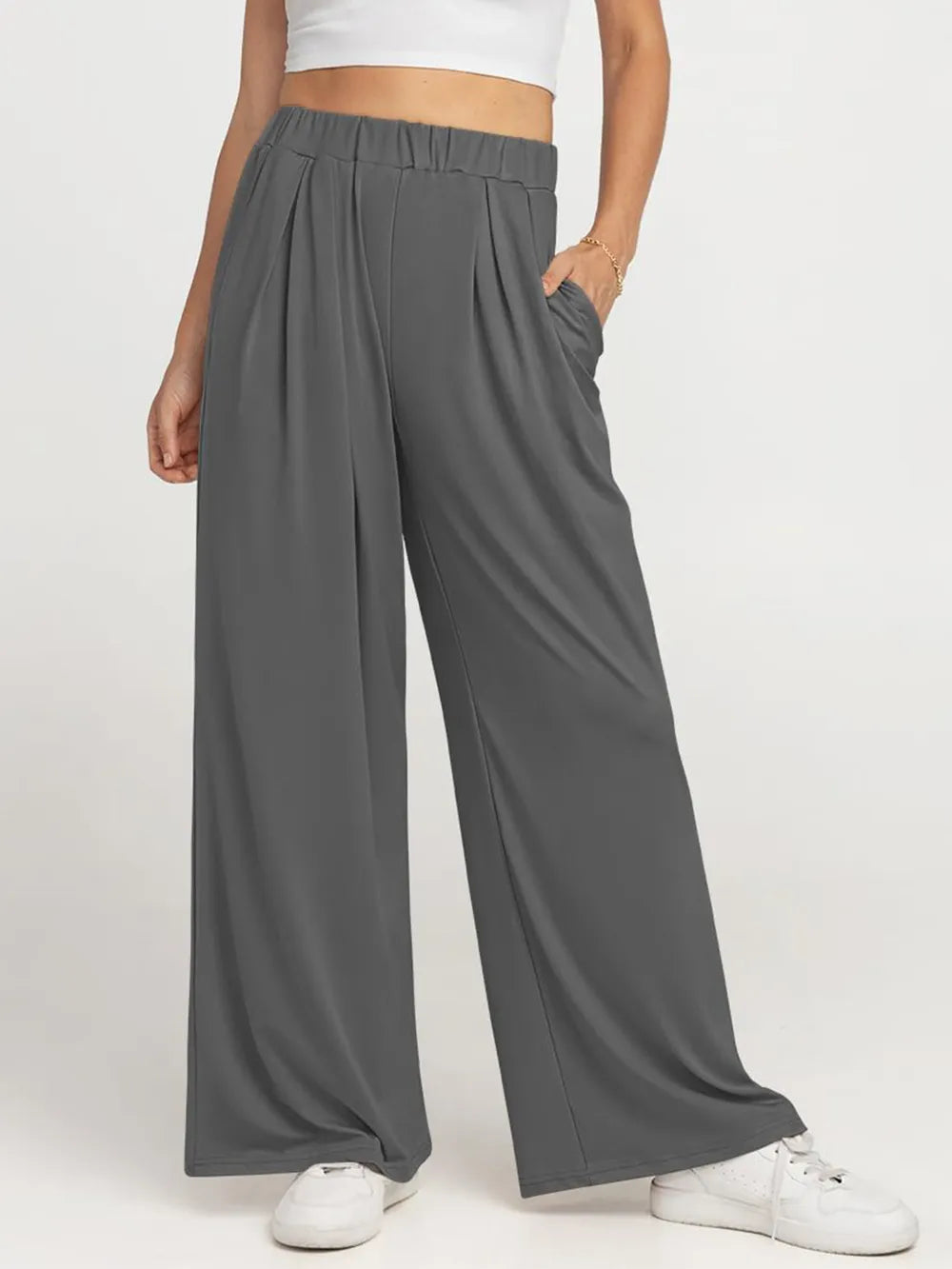 Elastic waist gray wide-leg palazzo pants with pockets