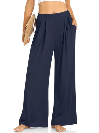 Elastic Waist Wide Leg Pants by Trendsi in navy blue palazzo style with full-length wide legs