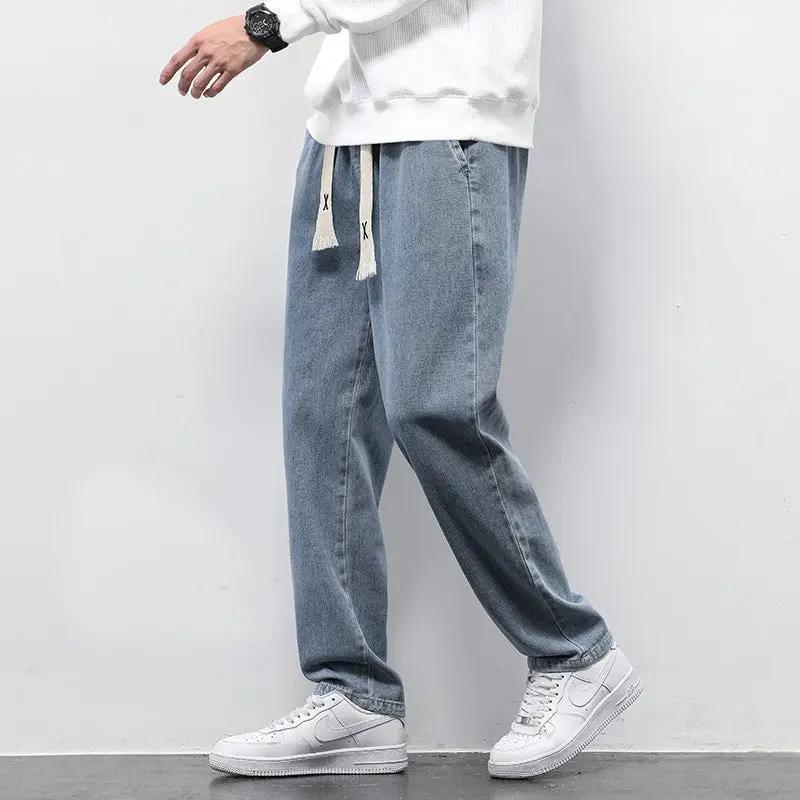 AdTec men's light-blue wide-leg jeans with drawstring elastic waist, straight fit