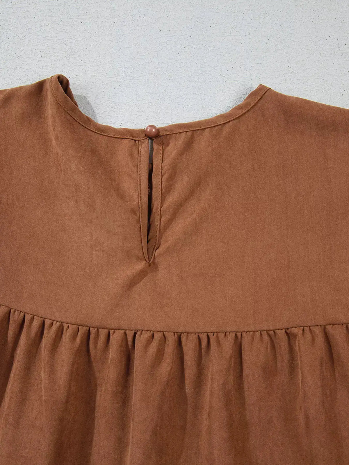Floral Lace Crochet Tiered Ruffled Mini Dress in camel brown with back keyhole and button closure.