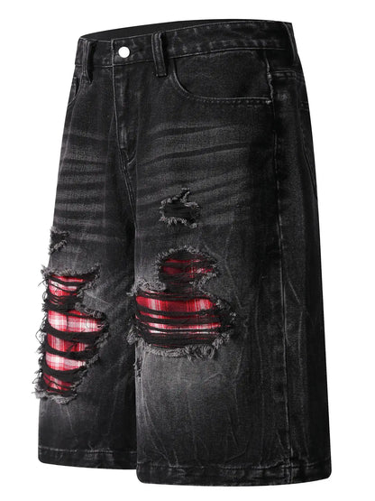 Men's distressed denim shorts with plaid patches and pockets; black wash with red plaid showing through rips.