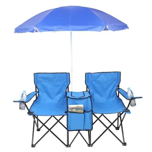 Portable outdoor two-seat folding chair set with blue fabric, center storage pouch, and blue sun umbrella