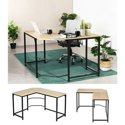 L-shaped computer desk with wood tabletop and black metal frame for home office workspace