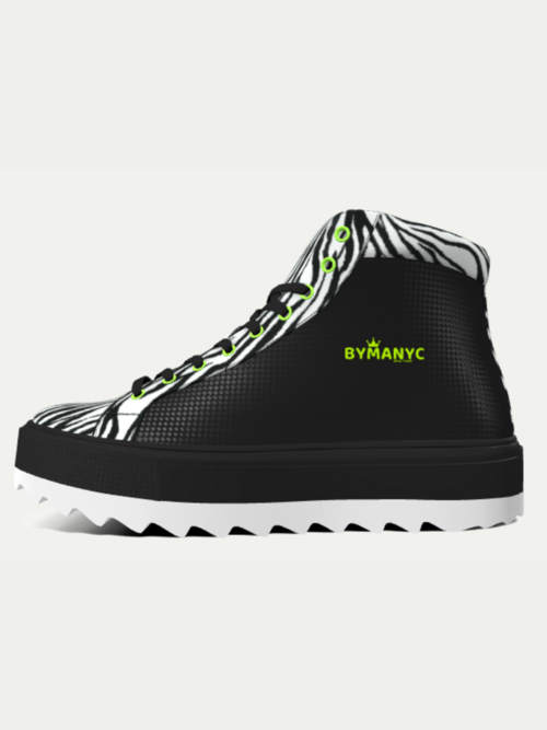 Ethical ankle boots BYMANYC New York SOHO ICONIC unisex; zebra-pattern upper, neon eyelets, jagged outsole.