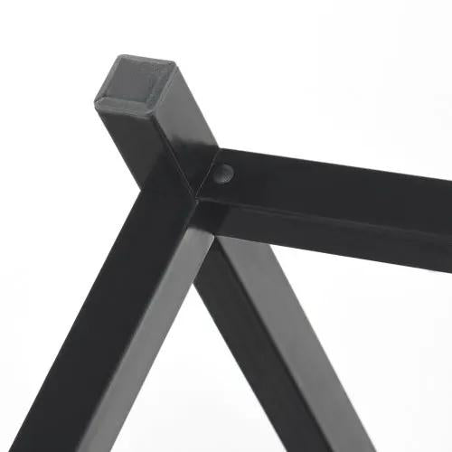 L-shaped desk frame in black metal with square-tube legs and bolt joint.