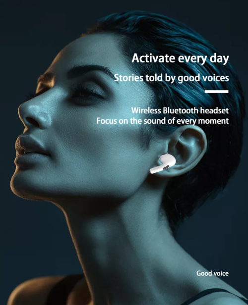 A3 AirPods Pro TWS in-ear wireless headset, white earbuds worn by a model