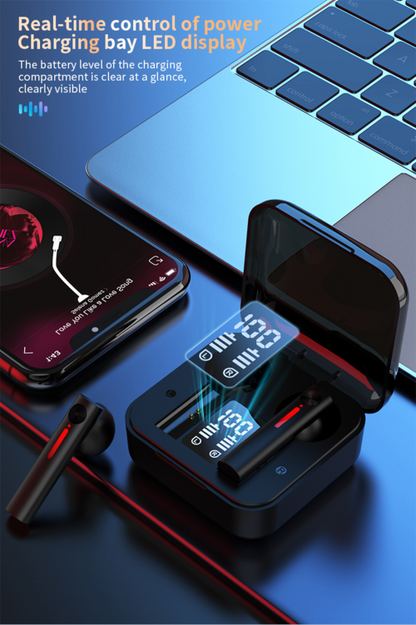 Bluetooth Earphones LED Wireless TWS with Microphone by PrimeCanada.Store in black charging case with LED display