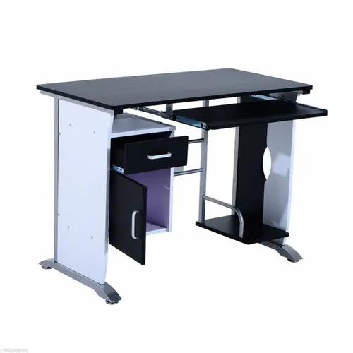 HOMCOM computer desk with CPU stand, white frame and black top, includes drawer, cabinet, and pull-out keyboard tray